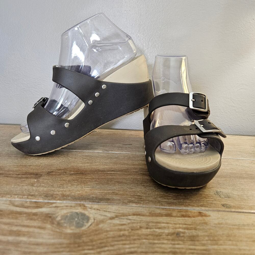 Crocs Women 8 Stud Double Buckle Wedge Sandals ChocBrown Boho Y2K Chunky Grunge